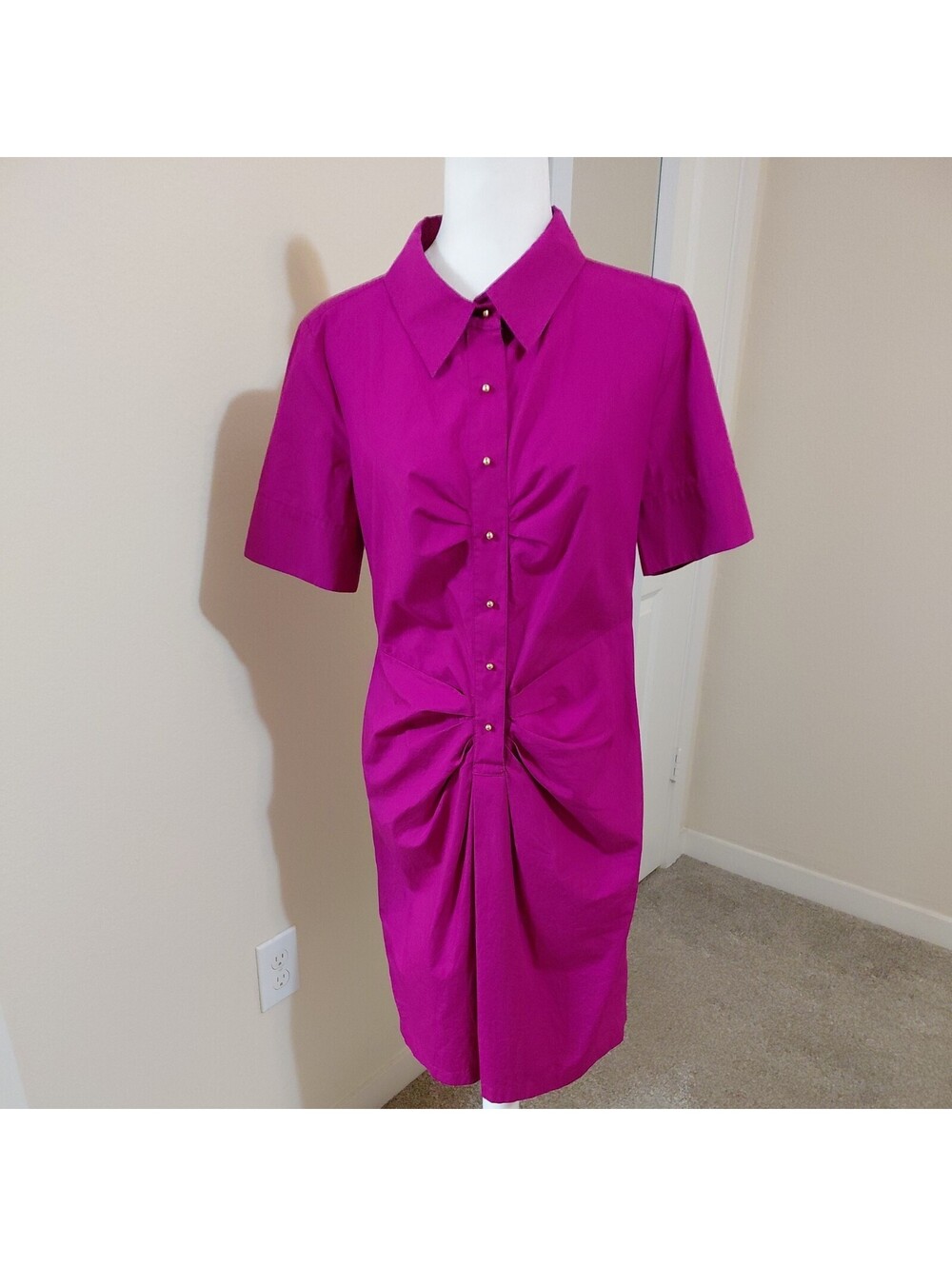 Escada Sz 38 M Fuscha Cotton Day Dress Light Weight EUC Gathered front #1004